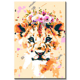 Painting by numbers baby lion with flowers on his head